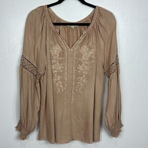 Solitaire Tan Balloon Sleeve Floral Embroidered Crochet Boho Blouse Size L
